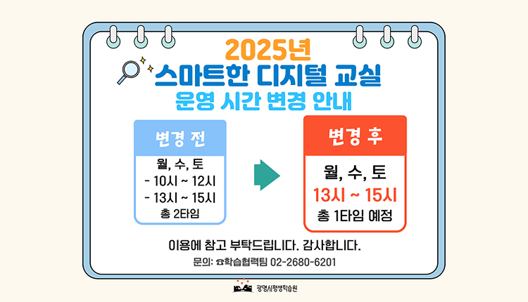 2025년 스마트한 디지털교실 운영시간 변경안내, 변경 전 월, 수, 토, - 10시 ~12시, 13시~15시, 총 2타임 , 변경 후 월,수,토 13시~15시 총 1타임 예정
이용에 참고 부탁드립니다. 감사합니다. 문의 학습협력팀 02-2680-6201, 광명시평생학습원